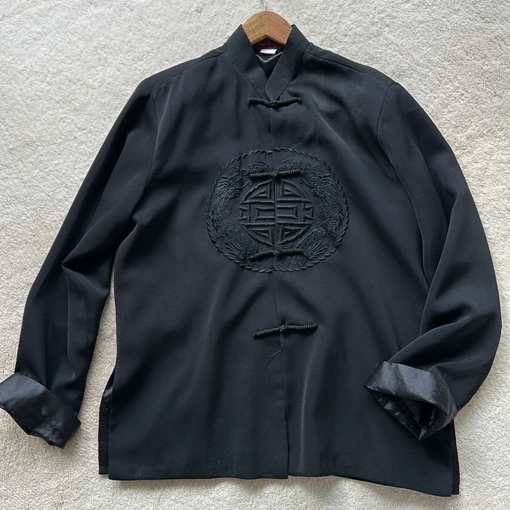Chinese black embroidered jacket. Classic “happiness” on front, dragon on back
